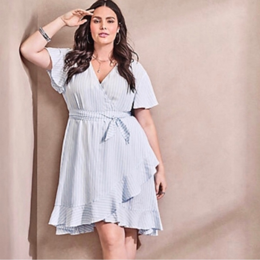 COPY - NWOT Torrid Blue & White Striped Challis Faux Wrap Dress with Belt